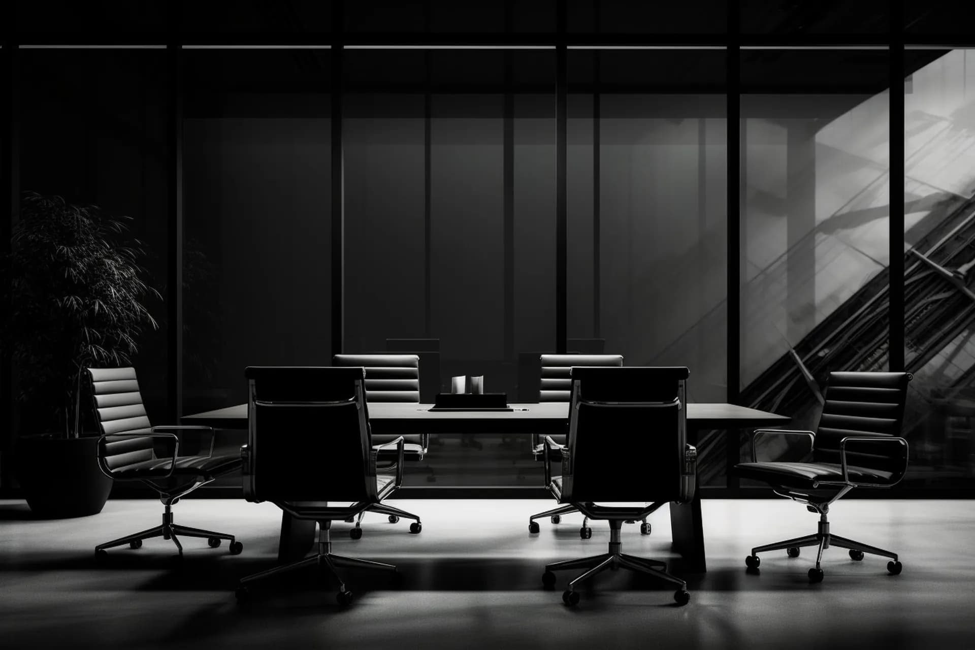 A black-and-white executive conference room with a long table and chairs